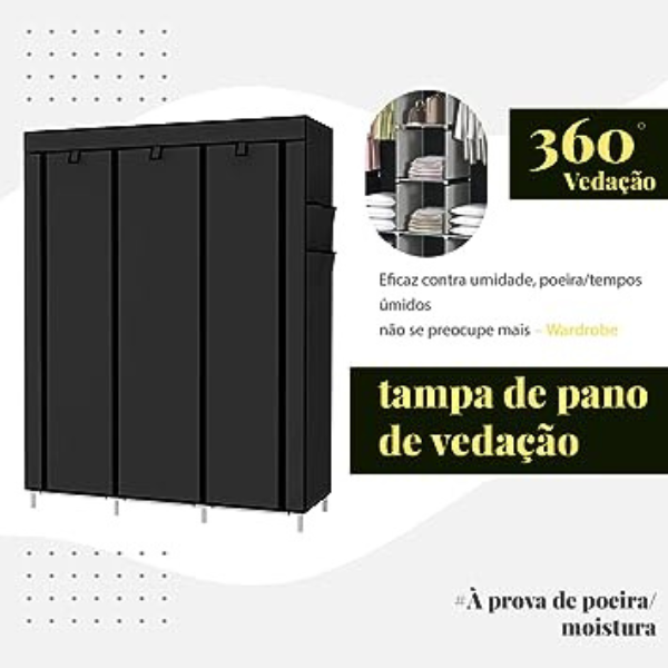 Guarda Roupa Portátil Armazenamento 3 Portas (PRETO)