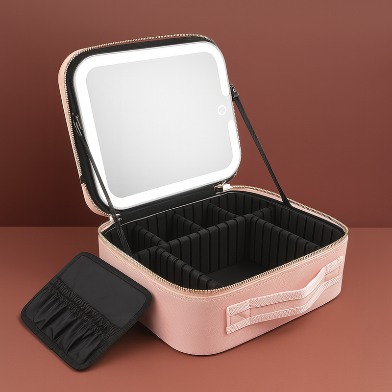 Maleta de Maquiagem com Espelho LED Rosa