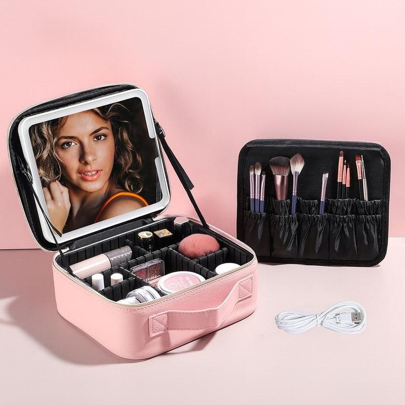 Maleta de Maquiagem com Espelho LED Rosa