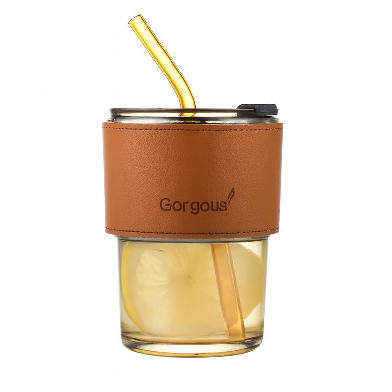 Copo De Vidro Com Canudo Tampa e Vedação 450ML Dourado