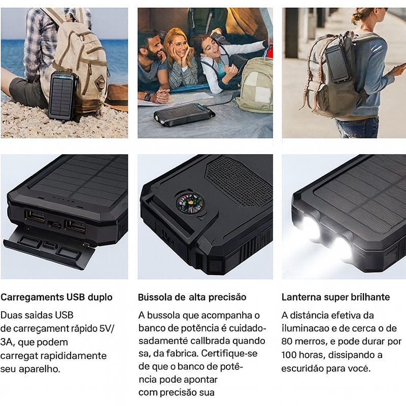 Carregador Portátil Power Bank Solar Usb Azul