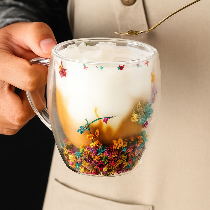 Xícara De Vidro Parede Dupla Com Flor Seca