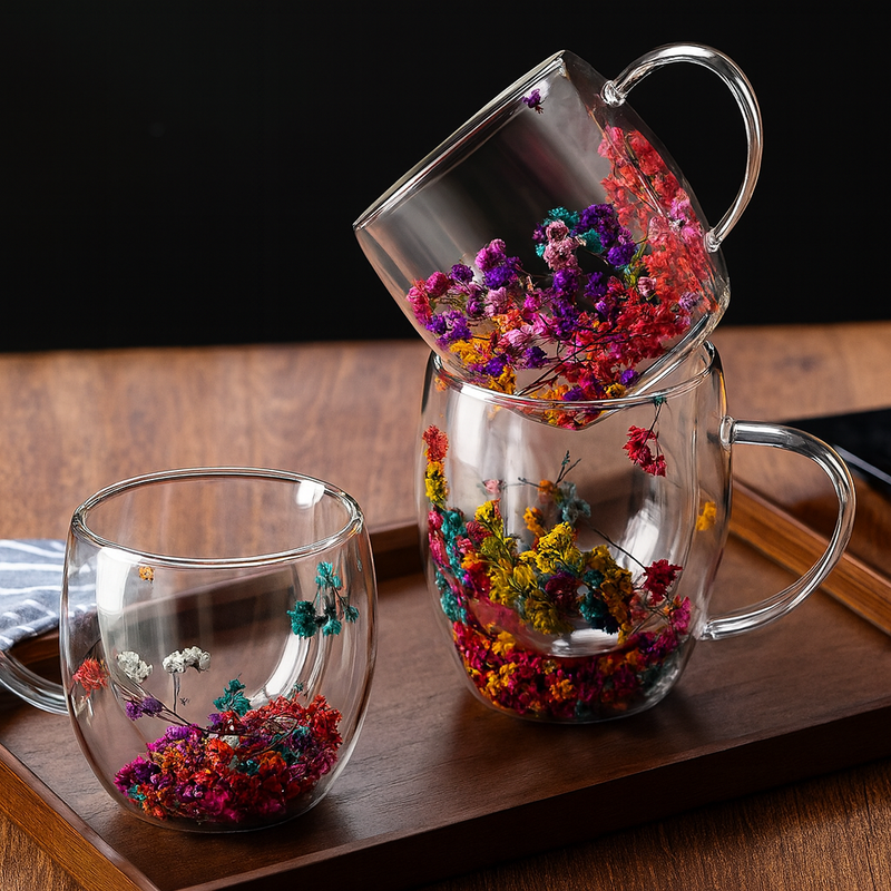 Xícara De Vidro Parede Dupla Com Flor Seca