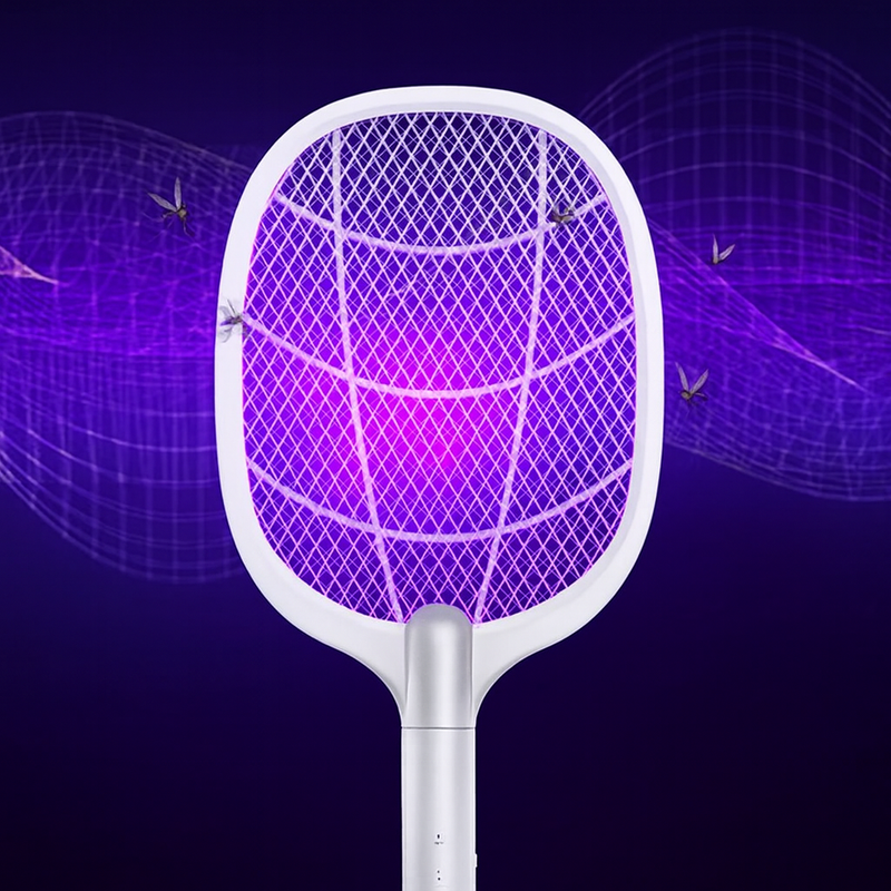 Raquete Elétrica Mata Insetos Recarregável C/ Base e Luz LED