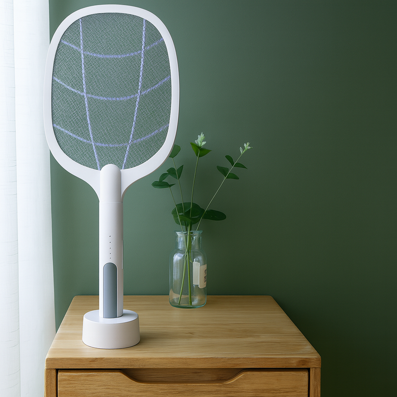 Raquete Elétrica Mata Insetos Recarregável C/ Base e Luz LED