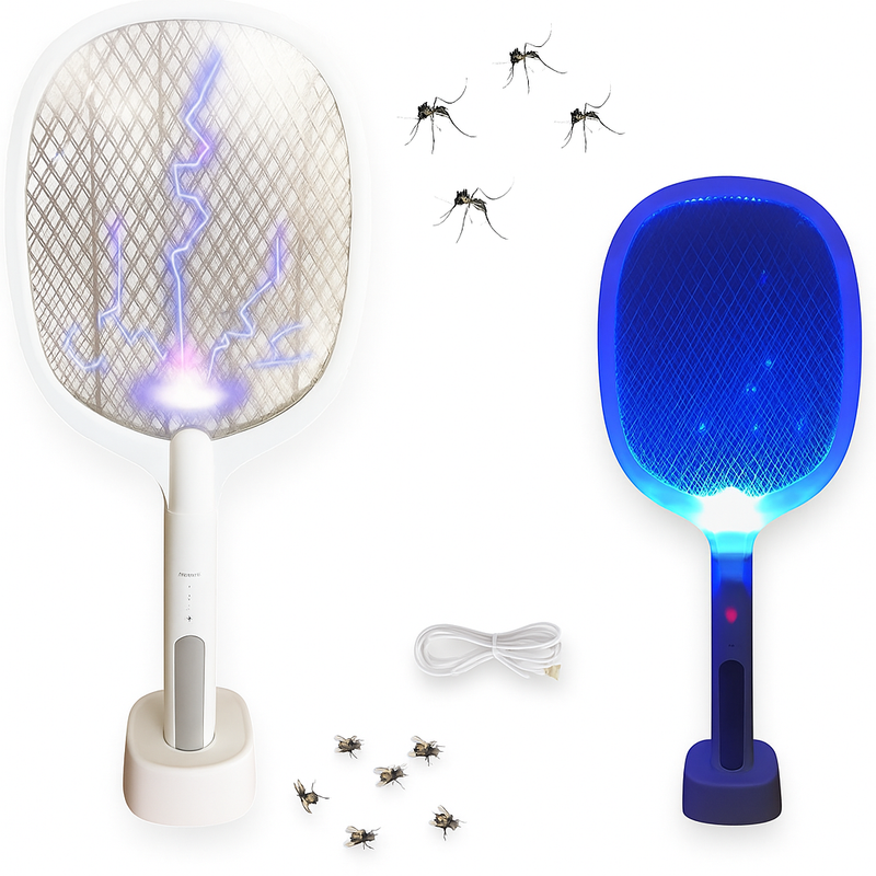 Raquete Elétrica Mata Insetos Recarregável C/ Base e Luz LED