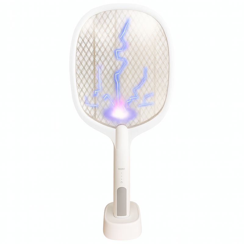 Raquete Elétrica Mata Insetos Recarregável C/ Base e Luz LED