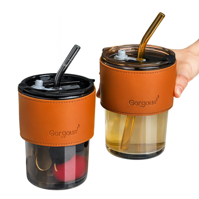 Copo De Vidro Com Canudo Tampa e Vedação 450ML Preto Fume